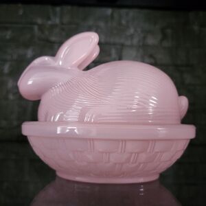 LE Smith Pink Bunny On A Basket Nest Candy Dish Or Trinket Dish